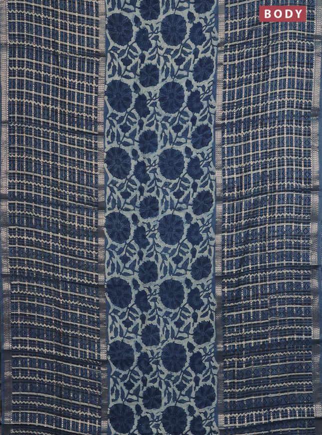 Semi chanderi saree beige and peacock blue with allover kalamkari prints and long printed zari border