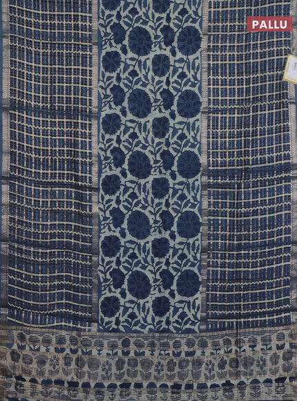 Semi chanderi saree beige and peacock blue with allover kalamkari prints and long printed zari border