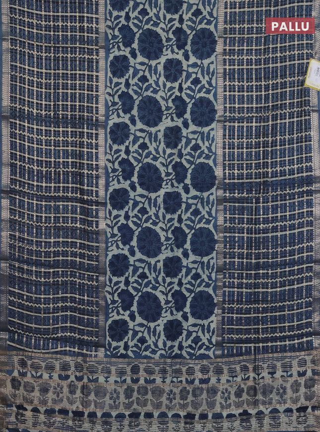 Semi chanderi saree beige and peacock blue with allover kalamkari prints and long printed zari border