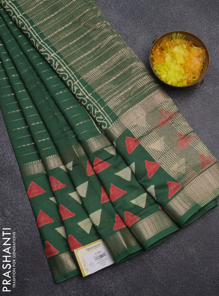 Semi chanderi saree green with allover zari weaves and long printed zari border