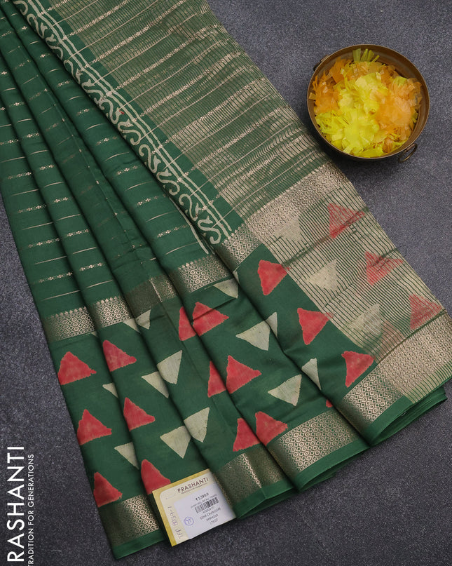 Semi chanderi saree green with allover zari weaves and long printed zari border