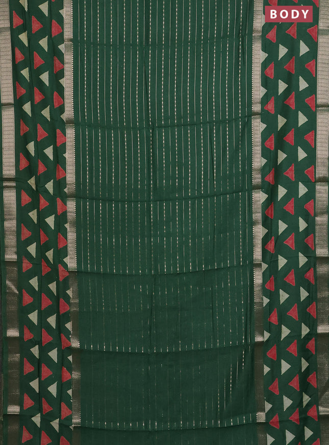 Semi chanderi saree green with allover zari weaves and long printed zari border