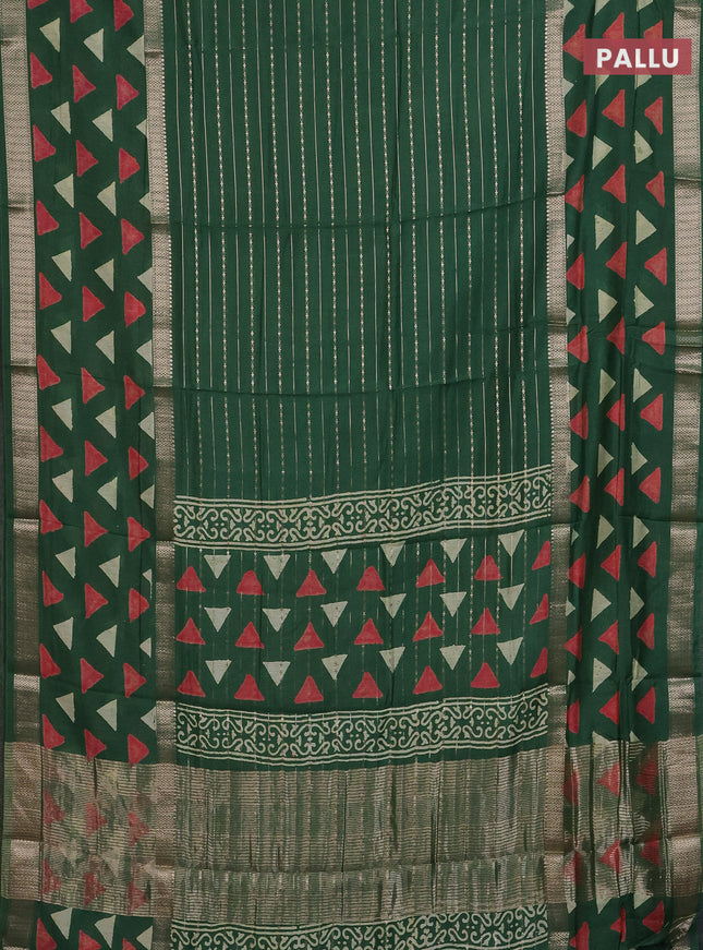 Semi chanderi saree green with allover zari weaves and long printed zari border