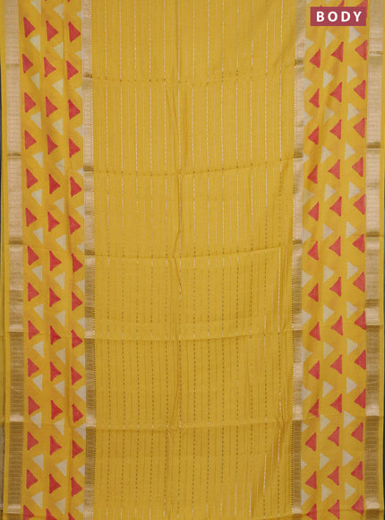 Semi chanderi saree yellow with allover zari weaves and long printed zari border