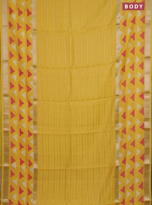Semi chanderi saree yellow with allover zari weaves and long printed zari border