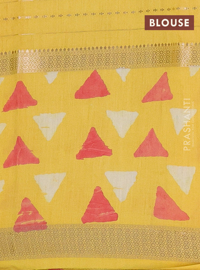 Semi chanderi saree yellow with allover zari weaves and long printed zari border