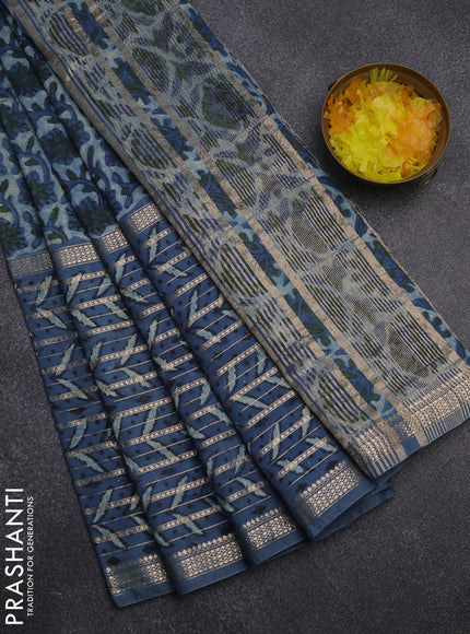 Semi chanderi saree indigo blue with allover ajrakh prints and long printed zari border