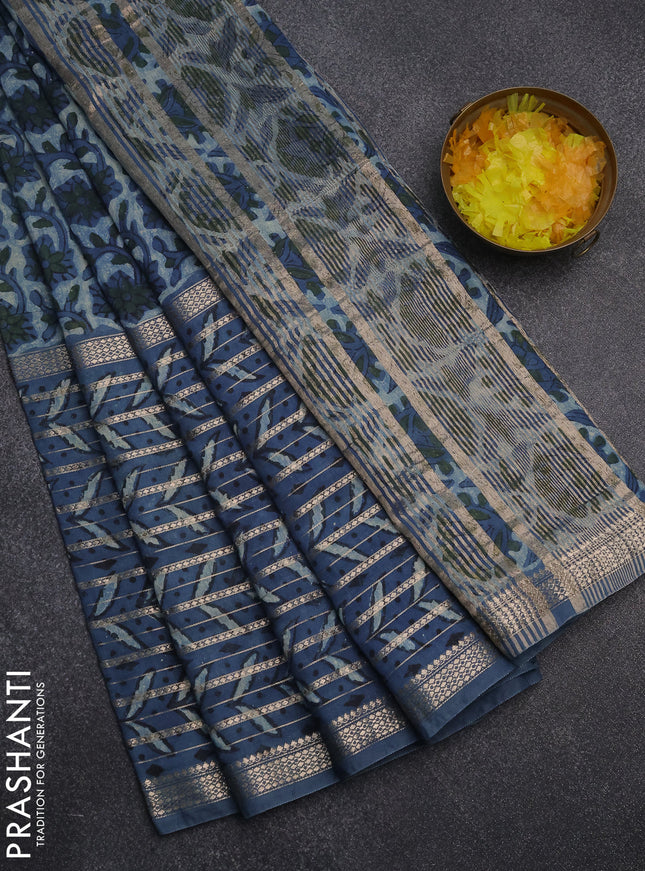 Semi chanderi saree indigo blue with allover ajrakh prints and long printed zari border
