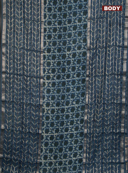 Semi chanderi saree indigo blue with allover ajrakh prints and long printed zari border