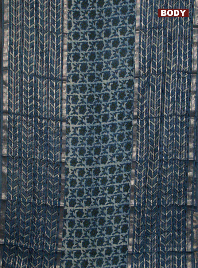 Semi chanderi saree indigo blue with allover ajrakh prints and long printed zari border