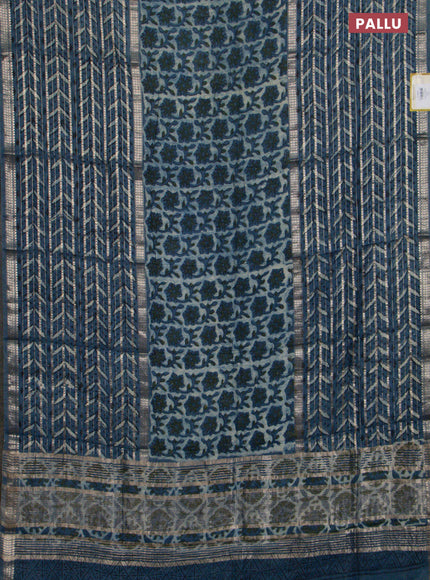 Semi chanderi saree indigo blue with allover ajrakh prints and long printed zari border