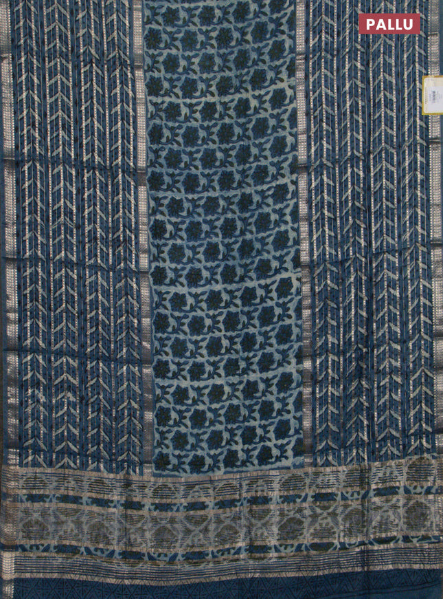 Semi chanderi saree indigo blue with allover ajrakh prints and long printed zari border