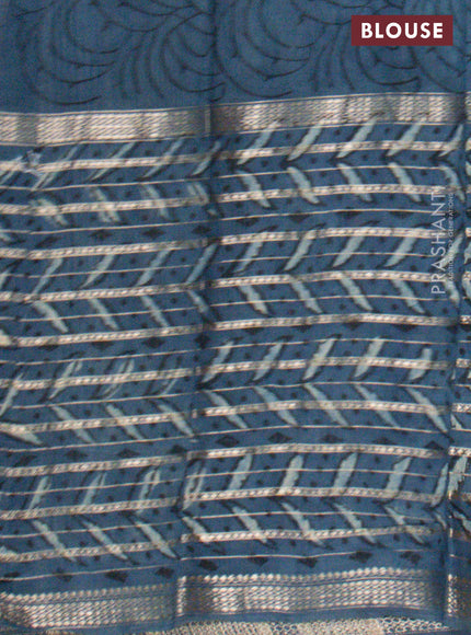 Semi chanderi saree indigo blue with allover ajrakh prints and long printed zari border