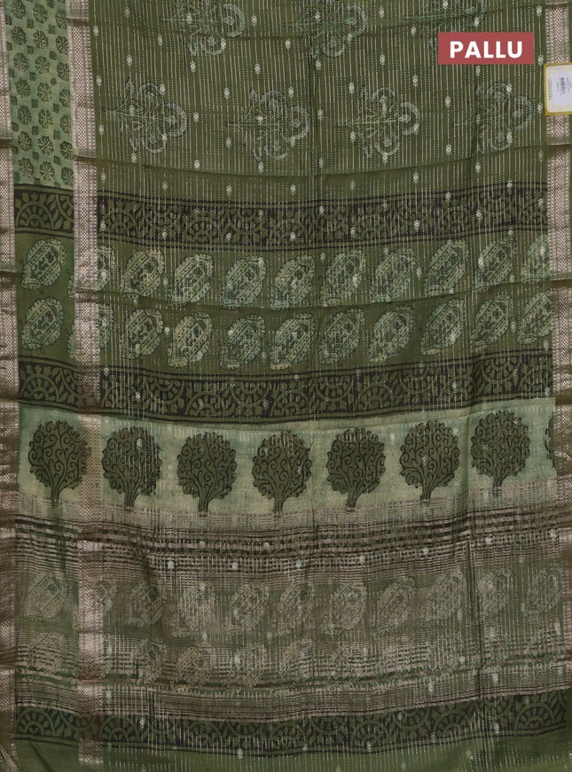 Semi chanderi saree green with allover butta prints & zari weaves and long printed zari border