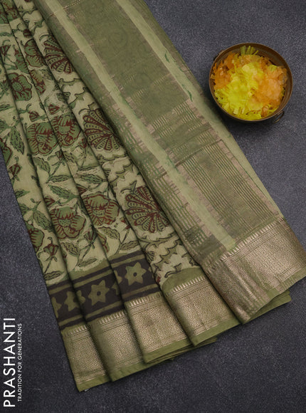 Semi chanderi saree pista green and sap green with allover ajrakh prints and zari woven border