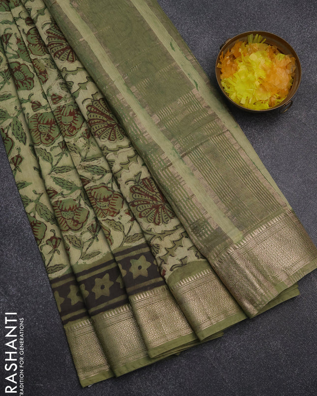 Semi chanderi saree pista green and sap green with allover ajrakh prints and zari woven border