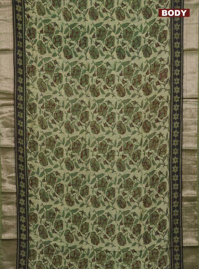 Semi chanderi saree pista green and sap green with allover ajrakh prints and zari woven border