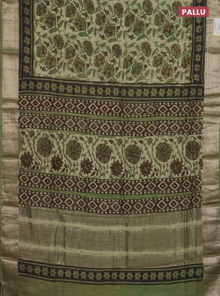 Semi chanderi saree pista green and sap green with allover ajrakh prints and zari woven border