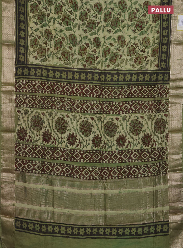 Semi chanderi saree pista green and sap green with allover ajrakh prints and zari woven border