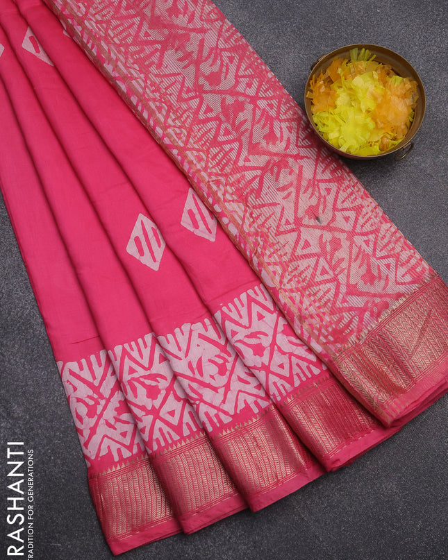 Semi chanderi saree candy pink and off white with barik butta prints and long printed zari border