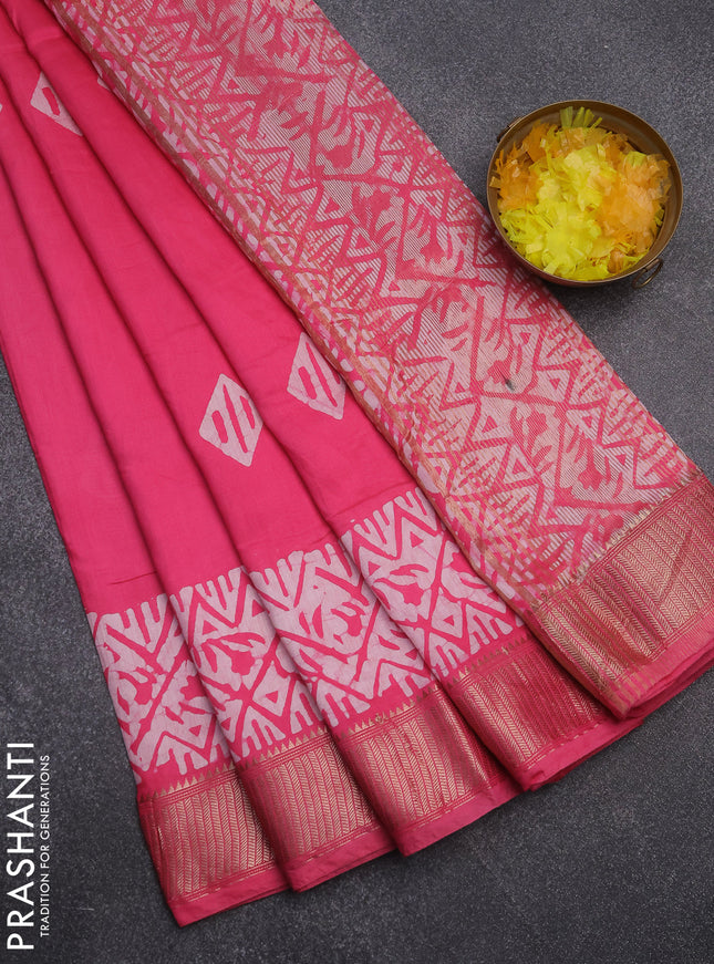 Semi chanderi saree candy pink and off white with barik butta prints and long printed zari border