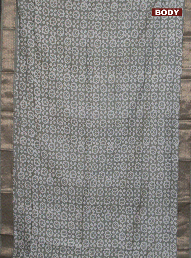 Semi chanderi saree grey shade with allover batik prints and zari woven border