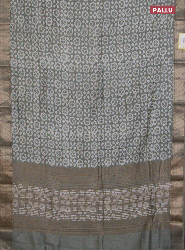 Semi chanderi saree grey shade with allover batik prints and zari woven border