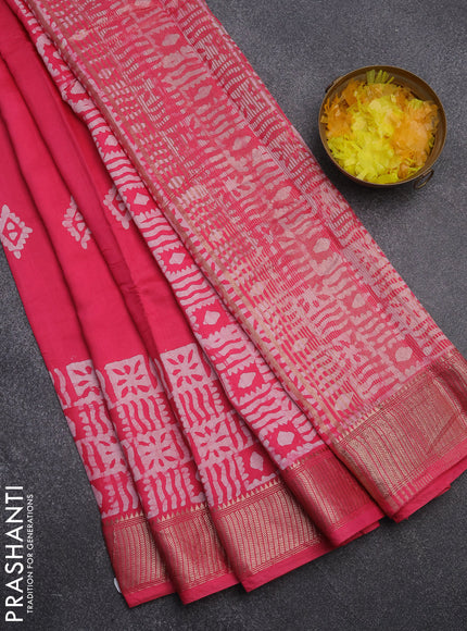 Semi chanderi saree candy pink and off white with barik butta prints and long printed zari border