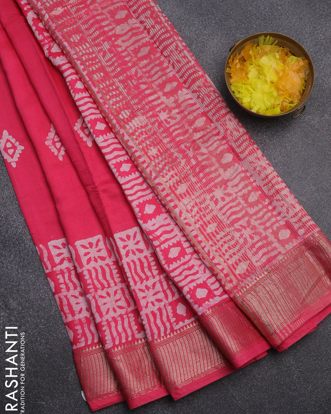Semi chanderi saree candy pink and off white with barik butta prints and long printed zari border