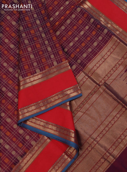 Kanchipuram silk cotton saree dual shade of maroon and reddish orange with allover thread checks & buttas and rettapet zari woven border