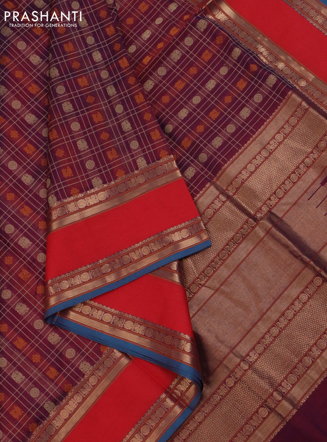 Kanchipuram silk cotton saree dual shade of maroon and reddish orange with allover thread checks & buttas and rettapet zari woven border