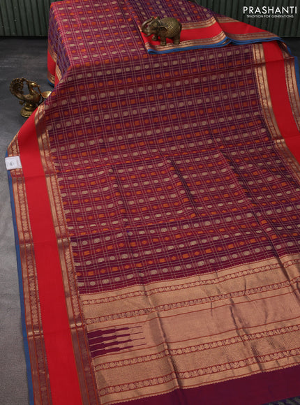 Kanchipuram silk cotton saree dual shade of maroon and reddish orange with allover thread checks & buttas and rettapet zari woven border