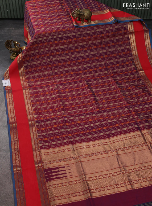 Kanchipuram silk cotton saree dual shade of maroon and reddish orange with allover thread checks & buttas and rettapet zari woven border