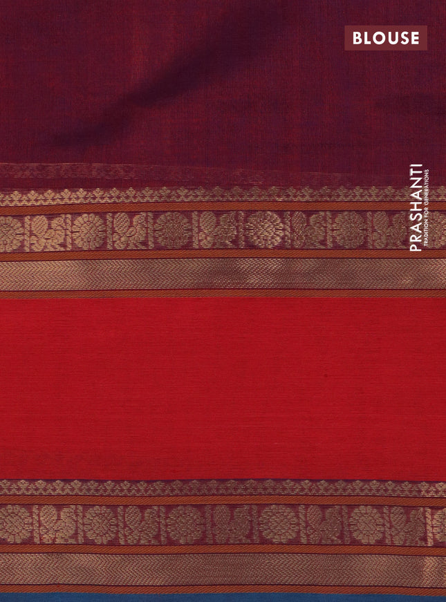Kanchipuram silk cotton saree dual shade of maroon and reddish orange with allover thread checks & buttas and rettapet zari woven border