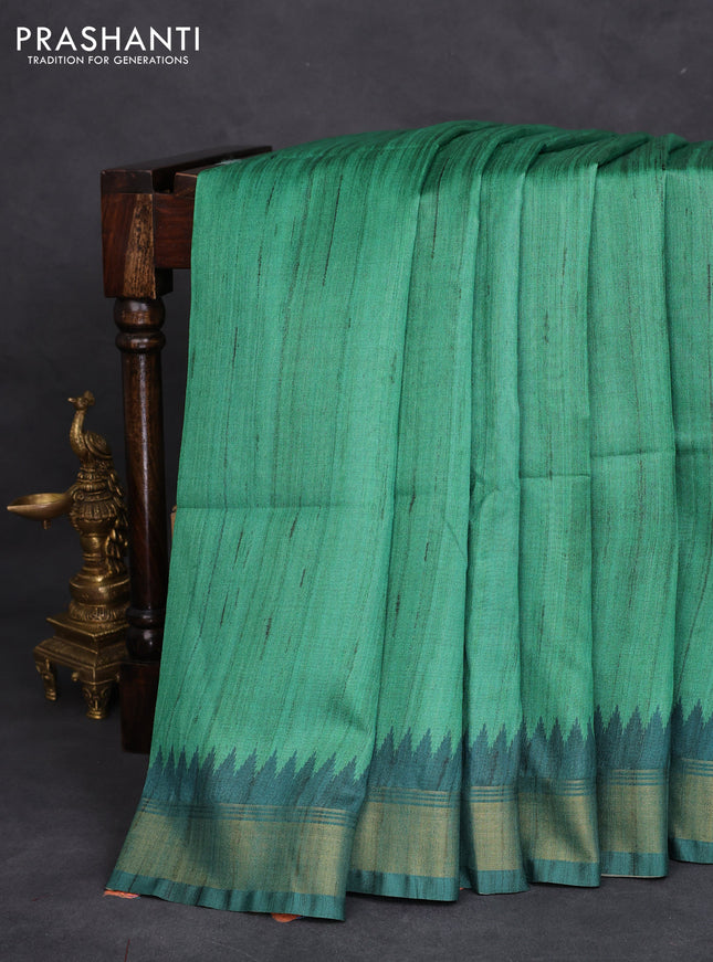 Semi tussar saree green and beige with plain body and madhubani printed pallu