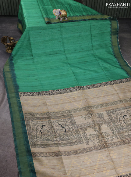 Semi tussar saree green and beige with plain body and madhubani printed pallu