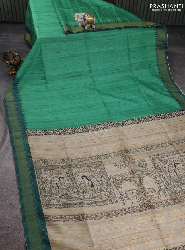 Semi tussar saree green and beige with plain body and madhubani printed pallu