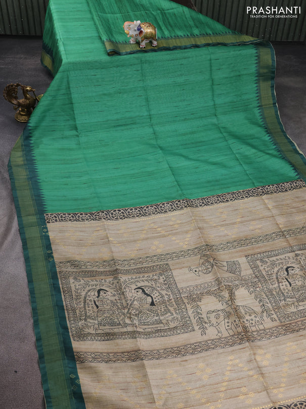 Semi tussar saree green and beige with plain body and madhubani printed pallu