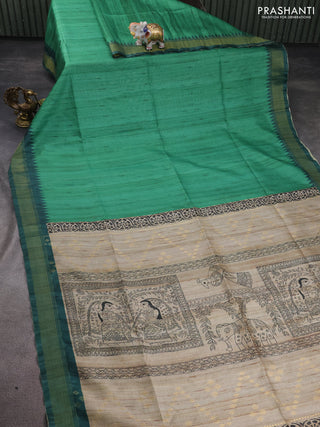 Semi tussar saree green and beige with plain body and madhubani printed pallu