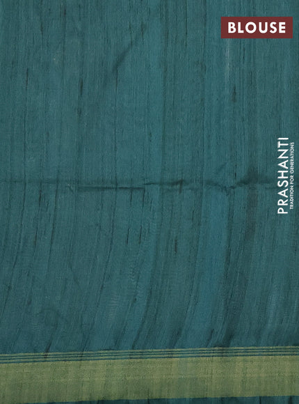 Semi tussar saree green and beige with plain body and madhubani printed pallu