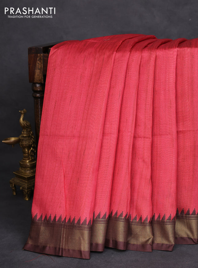 Semi tussar saree red and beige with plain body and madhubani printed pallu