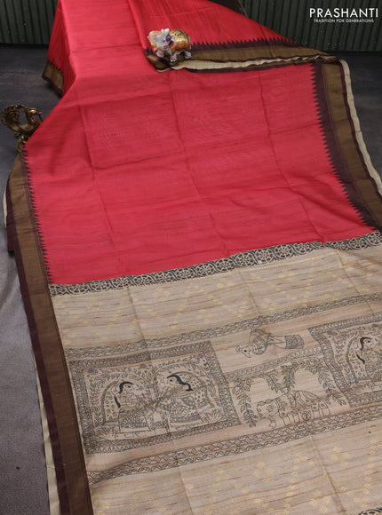 Semi tussar saree red and beige with plain body and madhubani printed pallu