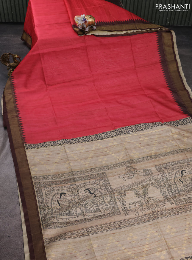 Semi tussar saree red and beige with plain body and madhubani printed pallu