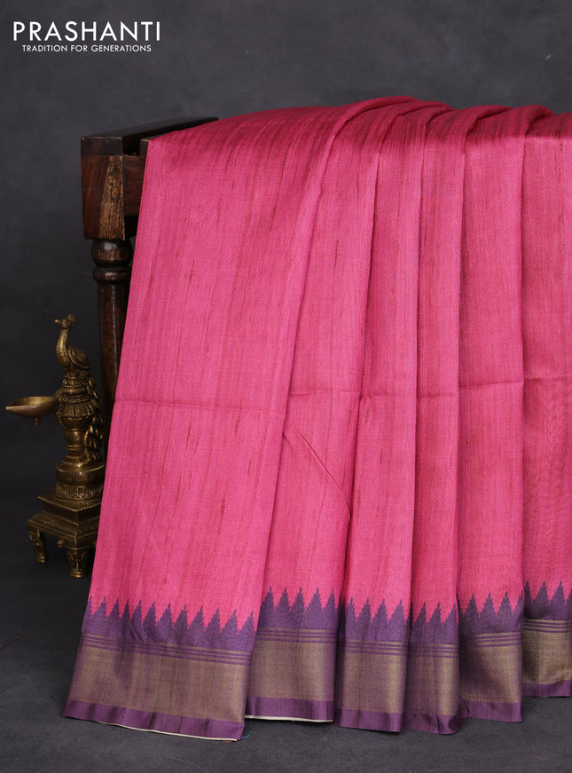 Semi tussar saree pink and beige with plain body and madhubani printed pallu
