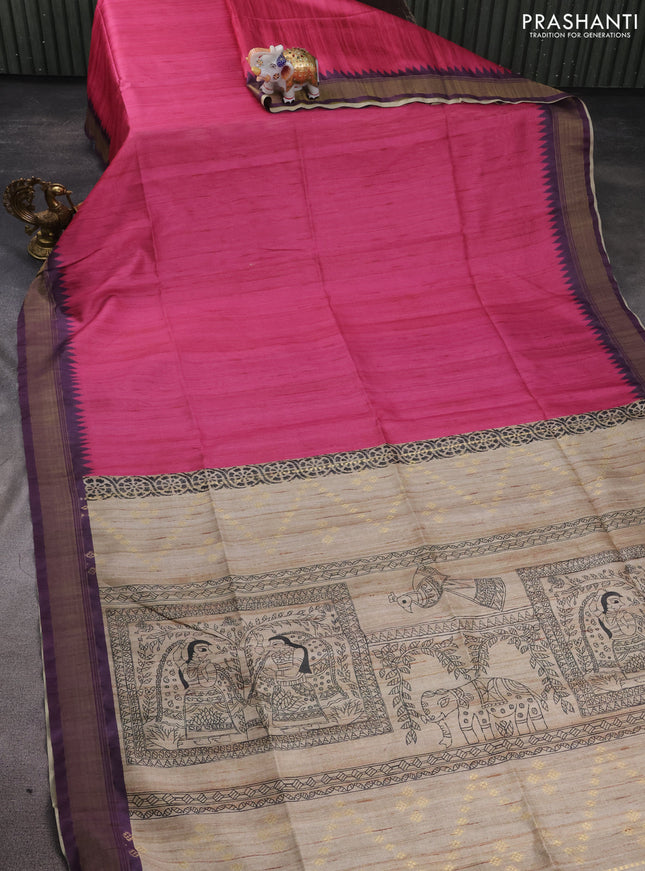 Semi tussar saree pink and beige with plain body and madhubani printed pallu