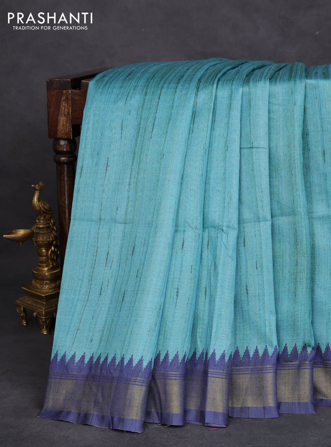 Semi tussar saree teal blue and beige with plain body and madhubani printed pallu