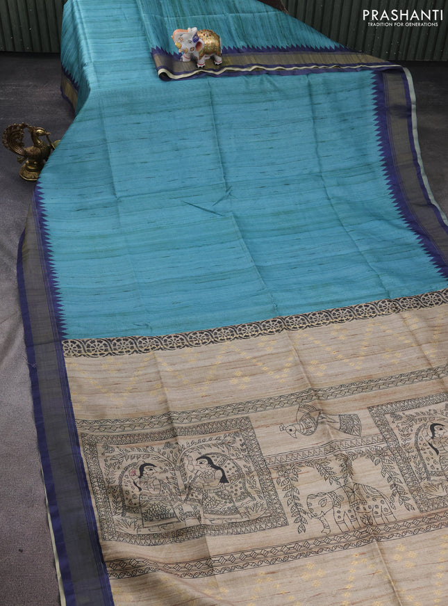Semi tussar saree teal blue and beige with plain body and madhubani printed pallu