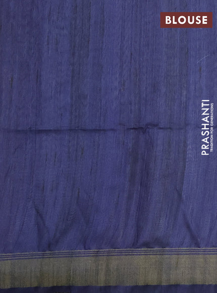 Semi tussar saree teal blue and beige with plain body and madhubani printed pallu