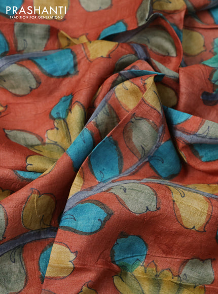 Tussar silk blouse piece orange with allover kalamkari prints