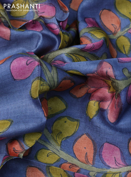 Tussar silk blouse piece blue with allover kalamkari prints